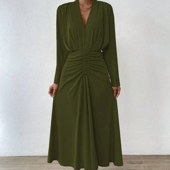 Green Preppy Womens Solid Ruched Front Ruched Waist A-line Dress - Picture 4 of 5